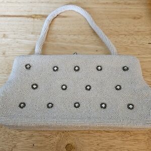 Vintage 1950's ivory bead and rhinestone handbag. Handmade in Belgium.